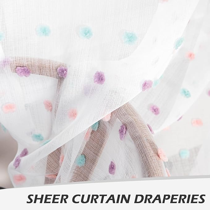 MYSKY HOME 72 Inch Long Pom Pom Sheer Curtains for Boys Bedroom Rainbow Curtain for Baby Nursery Door 2 Panels Light Filtering Rod Pocket Semi Window Drapes 38 x 72 Inch