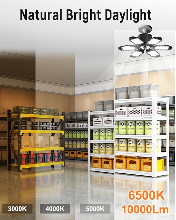 Adiding LED Garage Ceiling Light w/ 6 Deformable Panels Basement Lighting, 6 Pack, Screw into E26 E27 Bulb Socket, Beyond Bright 6000Lm High Lumen, Shop, Shed, Gym, Attic, Utility, Daylight 6500K