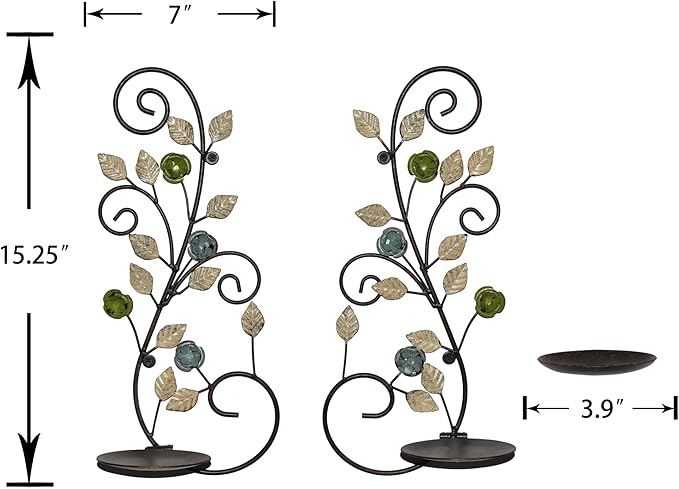 Wall Sconces Candle Holder Set of 2, Antique White Leaf and Multi-Color Flower Branch Wall Mount Hanging Metal Wall Candle Holder Candle Sconce for Living Room Dining Room