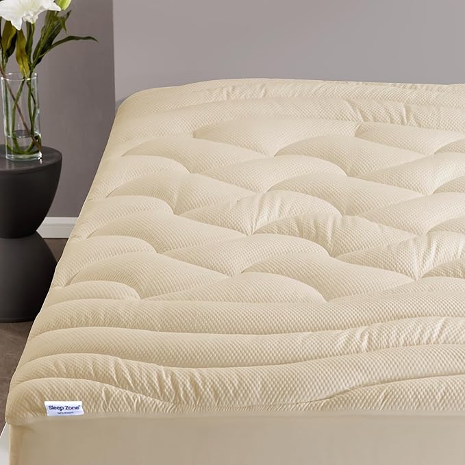 SLEEP ZONE Cooling Queen Mattress Topper, Premium Zoned Cool Mattress Pad Cover, Padded Mattress Protector Breathable Washable, Deep Pocket 8-21" (Beige, Queen)