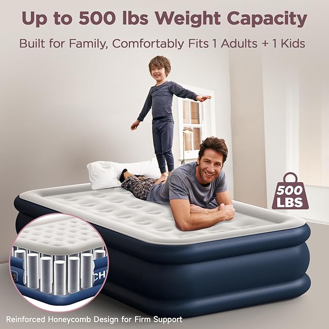 Twin XL Air Mattress with Built-in Pump, 18" Raised Comfort, 80“ Length, 48Hr Leak-Proof Test, Upgraded Honeycomb Pillar Design, Supports 500 lbs, 2-Min Inflation for Home, Guests & Camping