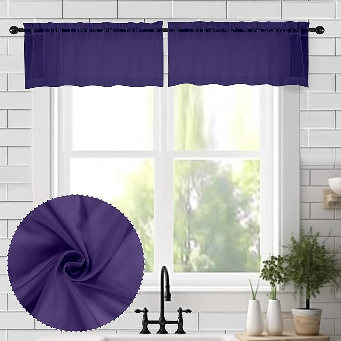 Chyhomenyc Sheer Valances for Windows 2 Packs, 42Wx14L Inches Small Window Valance for Living Room Bathroom Cafe Laundry Basement, Elegant Rod Pocket Voile Valance, Purple