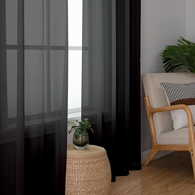 Aiyufeng Black Sheer Curtains 90 Inches Long, Light Filtering Rod Pocket Solid Color Window Sheer Curtain Panels, Elegant Curtains & Drapes for Living Room, Bedroom 2 Panels (Black, 59" W x 90" L)