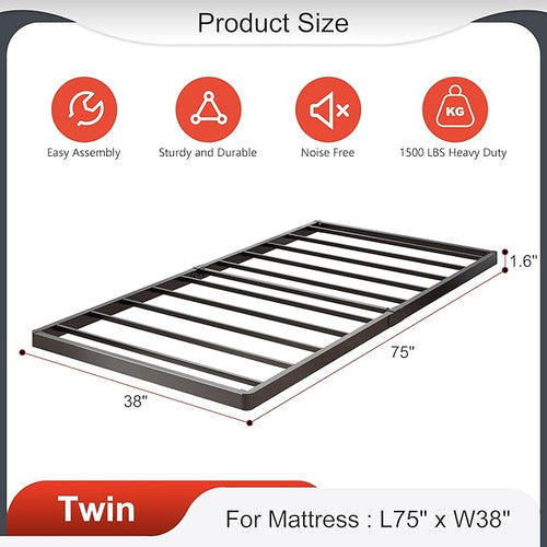 1.6 Inch Bunkie Board Twin Low Profile Heavy Duty Metal Box Spring Twin Bed Base Sturdy Mattress Foundation, Easy Assembly, Noise Free, Black