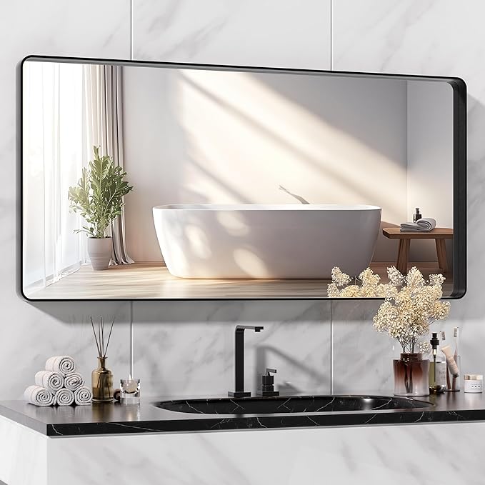 Hasipu Black Bathroom Mirror for Wall, 48 x 24 Inch Metal Framed Bathroom Mirrors for Over Sink, Rectangle Bathroom Vanity Mirror, Anti-Rust, Tempered Glass, Horizontal or Vertical