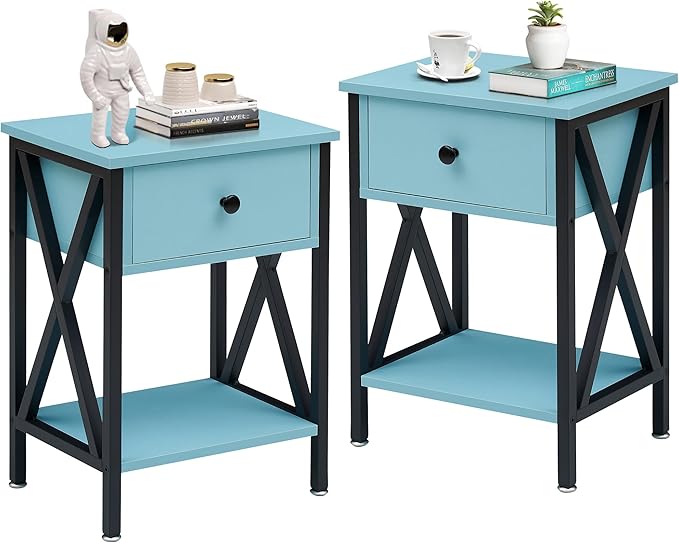 VECELO Nightstands Set of 2, Modern Bedside End Tables, Night Stands with Drawer and Storage Shelf for Living Room Bedroom, Industrial Metal Frame