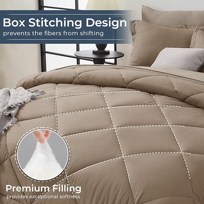 HEVUMYI Khaki & Linen California King Comforter Set - 7-Piece All Season Bed in a Bag Cal King, Ultra Soft Bedding Set with Comforter, Flat Sheet, Fitted Sheet, Pillowcases, Pillow Shams