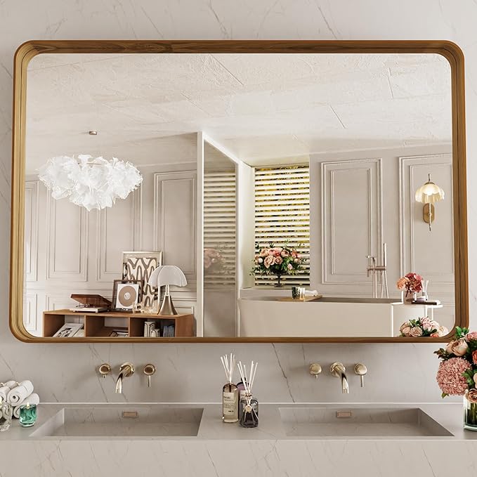 LOAAO 48X32 Inch Bathroom Mirror with Wood Grain Colored Metal Frame, Rounded Rectangle Metal Framed Bathroom Mirror, Anti-Rust, Hangs Horizontally or Vertically, Tempered Glass