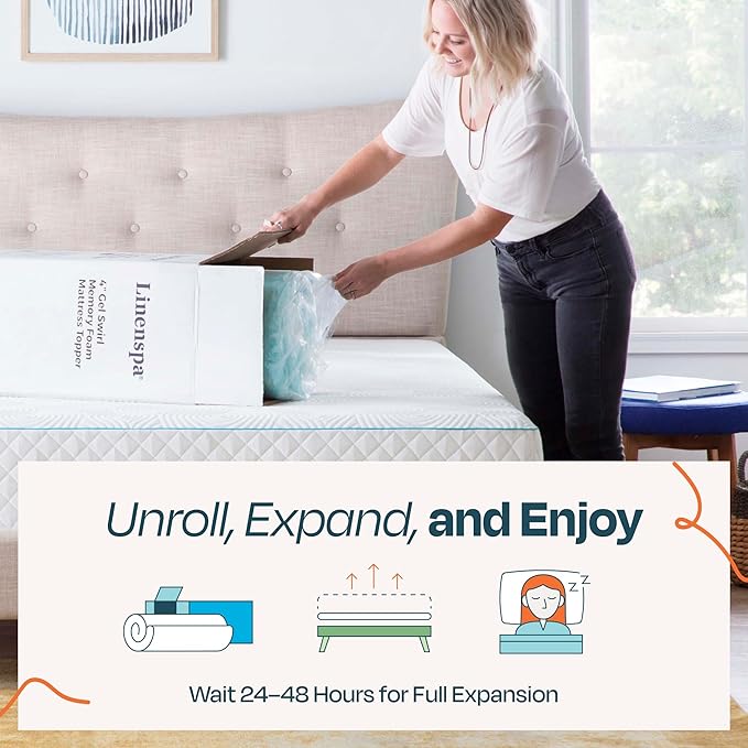 Linenspa 3 Inch Gel Swirl Memory Foam Mattress Topper – Cooling Gel Infused – Pressure Relieving Bed Topper - Mattress Pad – CertiPUR Certified - Twin XL Size