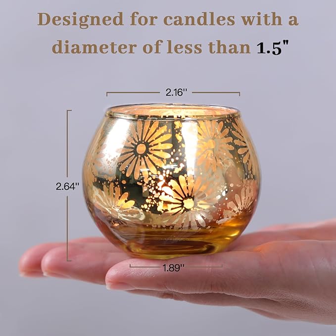 Gold Mercury Glass Votive Candle Holders Set of 12, Round Tealight Candle Holders Bulk for Table Centerpieces, Weddings, Shower Gifts, Christmas, Halloween Party Decorations