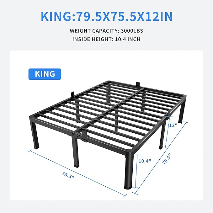 MAF 12 Inch King Metal Platform Bed Frame with Round Corner Legs, Mattress Slide Stopper, 3000 LBS Heavy Duty Steel Slats Support, No Box Spring Needed, Noise Free