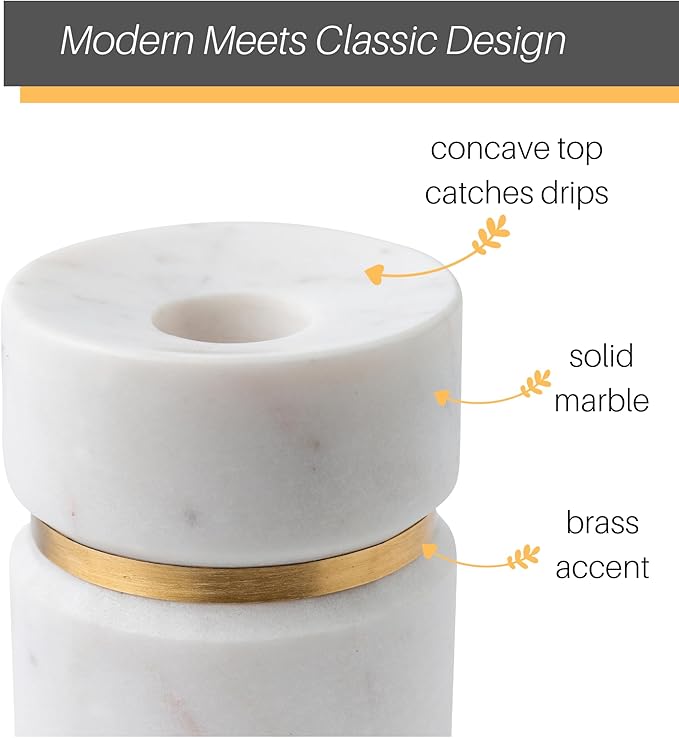 Cork & Mill Taper Candle Holders for Candlesticks, Set of 2 Handcrafted White Marble and Gold Brass Candle Stick Holders, Modern Centerpiece for Dining Table Decor or Mantle