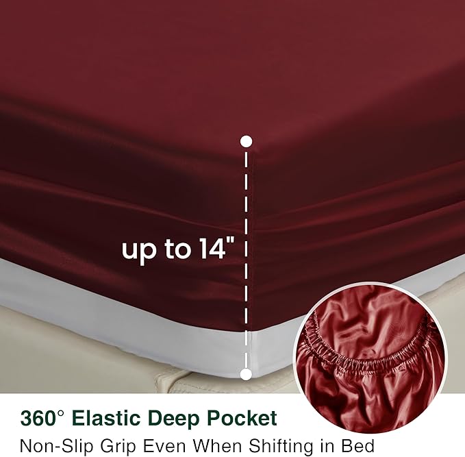 Love's cabin Twin XL Satin Sheet Sets - 3 Piece Burgundy Silky Bed Sheets with Deep Pockets, Luxury Silk Feel Satin Sheet Set Twin XL (1 Flat Sheet,1 Fitted Sheet,1 Pillow case)