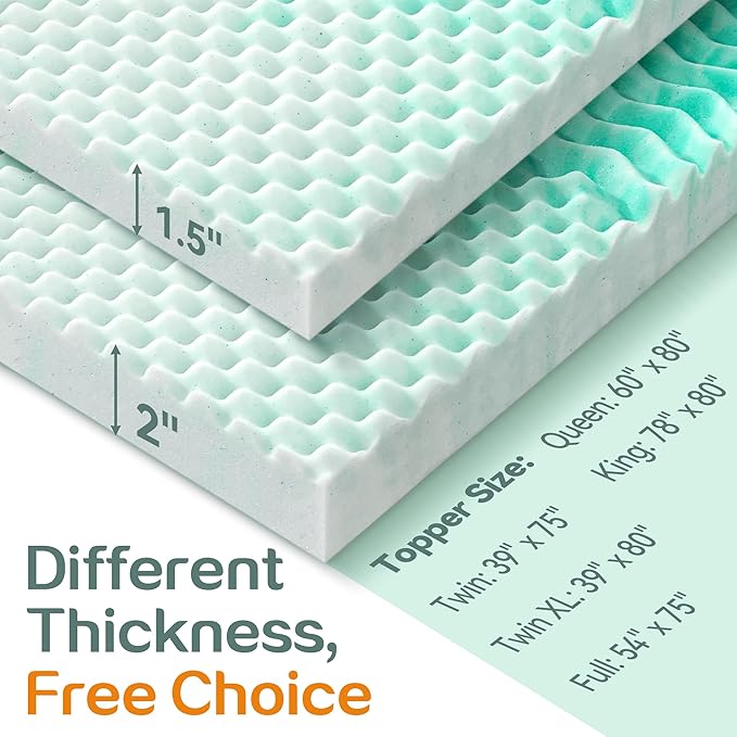 SINWEEK 1.5 Inch Mattress Topper 5-Zone Memory Foam Mattress Topper Pressure Relieve Soft Mattress Pad, CertiPUR-US Certified, Twin Size, Green