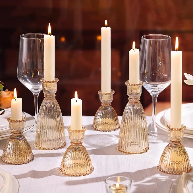 LAMORGIFT Gold Candlestick Holders Set of 6-4pcs 3.5"& 2pcs 6" Assorted Taper Candle Holder Centerpieces for Wedding, Ribbed Glass Candle Holders Bulk for Party Table Decor, Modern Home Decor