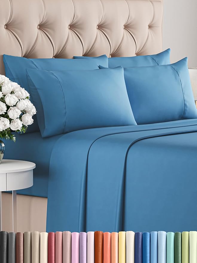 Cal King Sheet Set 6 Piece - Bed Sheets California King Size - Soft Hotel Luxury Bedding - Cooling, Comfy & Breathable - 1 Flat, 1 Fitted & 4 Pillowcases w/ Deep Pockets - Wrinkle Free - Denim Blue