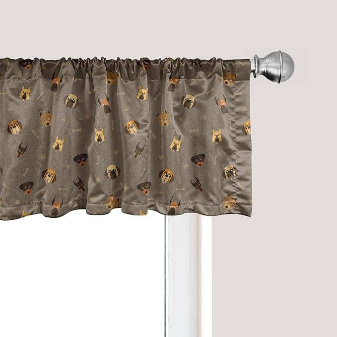 Ambesonne Dog Lover Window Valance Pack of 2, Repetitive Pattern of Pet Heads Paw Prints and Bones, Rod Pocket Curtain Valances for Kitchen Bedroom, 54" X 18", Taupe