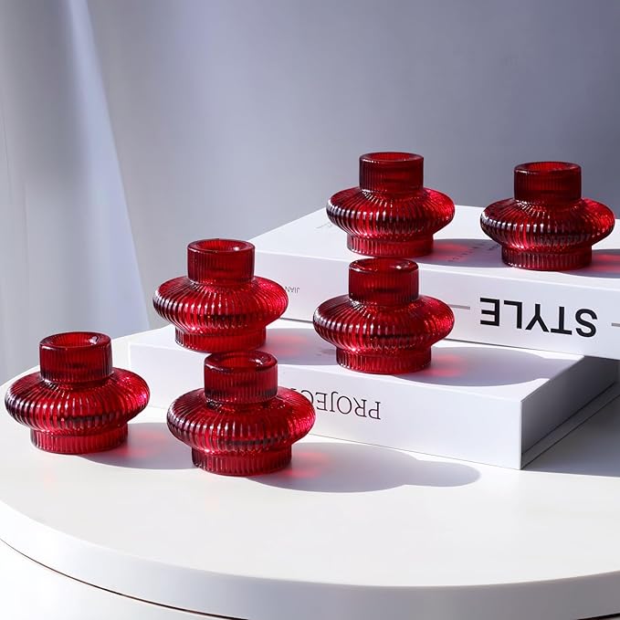 VOHO 12pcs Ribbed Taper Candle Holders for Table Centerpiece, Romantic Red Glass Candle Holder for Anniversary Wedding Decor, Double-Sided Red Tapered Candlestick Holders for Tealight & Taper Candles