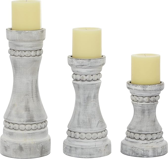 Deco 79 Wood Solid Candle Holder, Set of 3 12", 9", 7"H, Gray