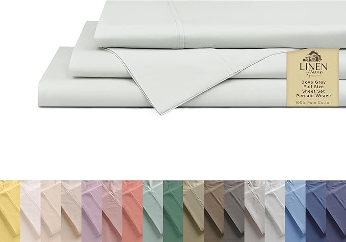 Linen Home 100% Cotton Percale Sheets Full Size, Dove Grey, Deep Pocket, 4 Pieces Set - 1 Flat, 1 Deep Pocket Fitted Sheet and 2 Pillowcases, Crisp Cool and Strong Bed Linen