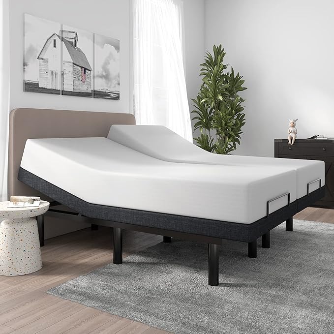 SHA CERLIN Split King Size Adjustable Bed Base/Bed Frame with Motorized Head and Foot Incline,Zero-Gravity,Wireless Remote,Soft Linen Fabric Attached,Wood Board Support (Only Base)