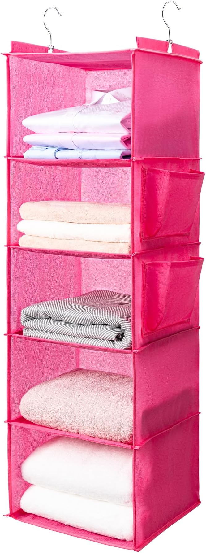 BOOMIBOO Hanging Closet Organize and Shelves，5-Hanging Shelf with 2 Side Pockets，Storage Foldable （Pink）
