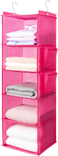 BOOMIBOO Hanging Closet Organize and Shelves，5-Hanging Shelf with 2 Side Pockets，Storage Foldable （Pink）
