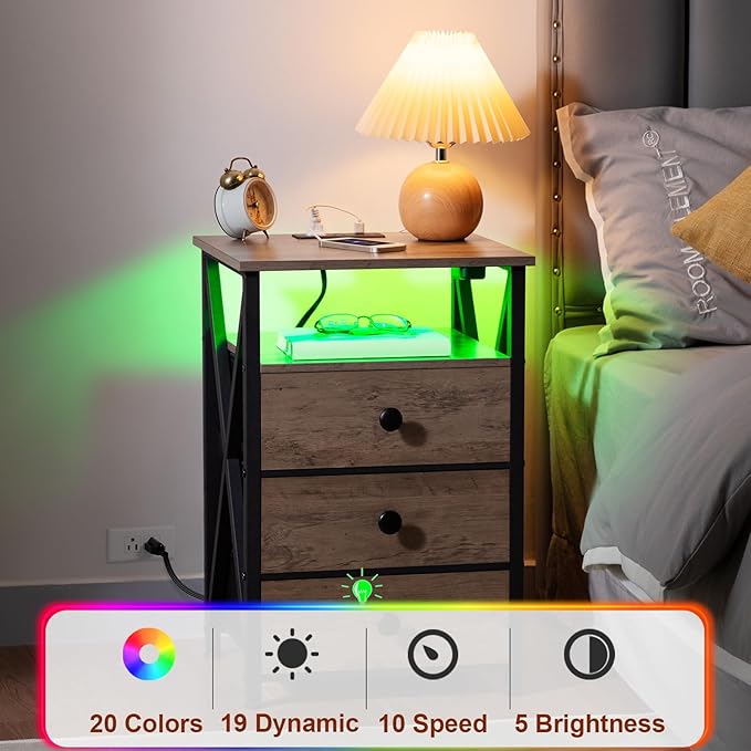 AMHANCIBLE Night Stand Set 2, LED Nightstand with Charging Station, End Side Tables with USB Port & Outlet, Bedside Table with 3 Fabric Drawers for Bedroom Living Room, Greige, HET053LGY