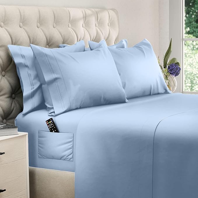 DREAMCARE Queen Sheet Set – 6 pcs Cooling Bed Sheets – up to 21” Deep Pocket Queen Sheets Set – 2500 Supreme Collection – Extra Soft 100% Brushed Microfiber Hotel Luxury with Side Pocket – L Blue