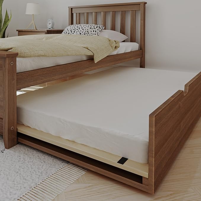 Max & Lily Twin Bed, Wood Bed Frame with Headboard for Kids with Trundle, Slatted, Walnut