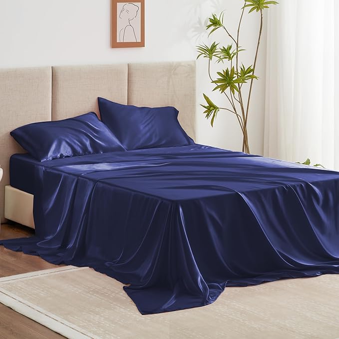 Love's cabin Satin King Sheet Sets - 4 Piece Navy Blue Silky Sheets King Size Bed with Deep Pocket, Luxury Silk Feel King Size Satin Sheet Set (1 Flat Sheet,1 Fitted Sheet,2 Pillow Cases)