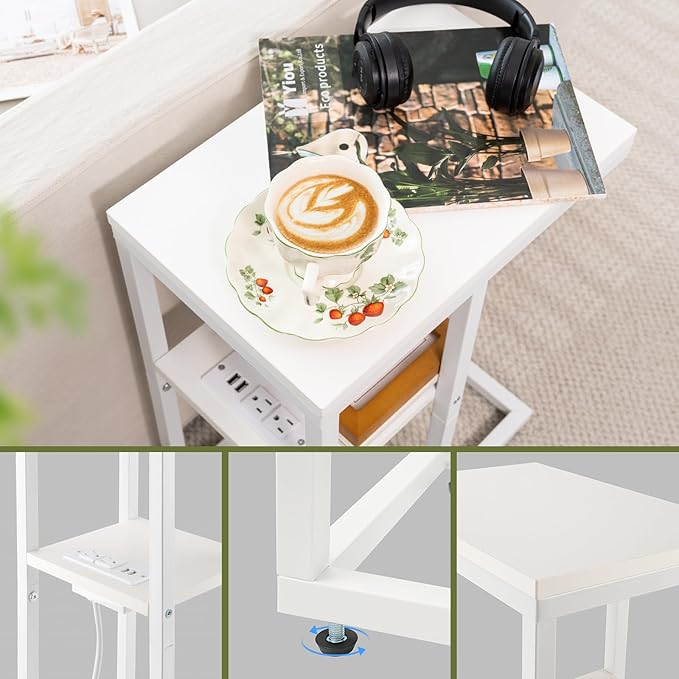 Yoobure LED C Shaped End Table with Charging Station, Small Side Tables for Living Room Bedroom, TV Tray Table with USB Ports and Outlets for Small Spaces, C Table for Couch Sofa, Bed Side Table