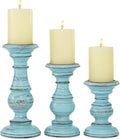 Deco 79 Mango Wood Decorative Candle Holder Distressed Turned Pillar Candle Stand, Set of 3 Candlestick Holder 6", 8", 10"H, Light Blue
