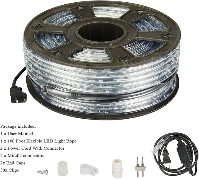 100Ft Blue LED Rope Lights, Outdoor String Lights Waterproof Decorative Lighting for Indoor/Outdoor, Camper Lights for Outside, Deck, Patio, Eaves, Backyards Garden, Christmas Decorations