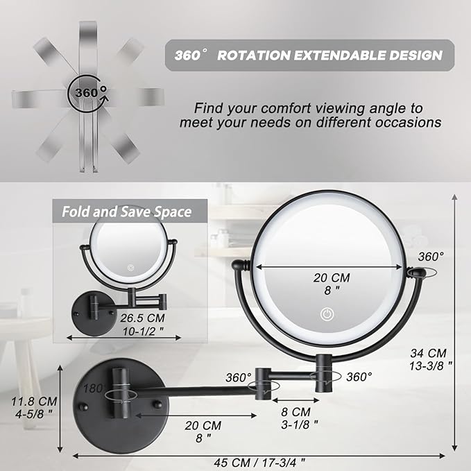 8" Wall Mounted Lighted Makeup Vanity Mirror with 3 Color Lights Stepless Dimming, 1X/10X Magnifying LED 2-Sided Bathroom Touch Sensor Extendable Arm 360 Swivel Shaving Mirror Hardwired, Matte Black