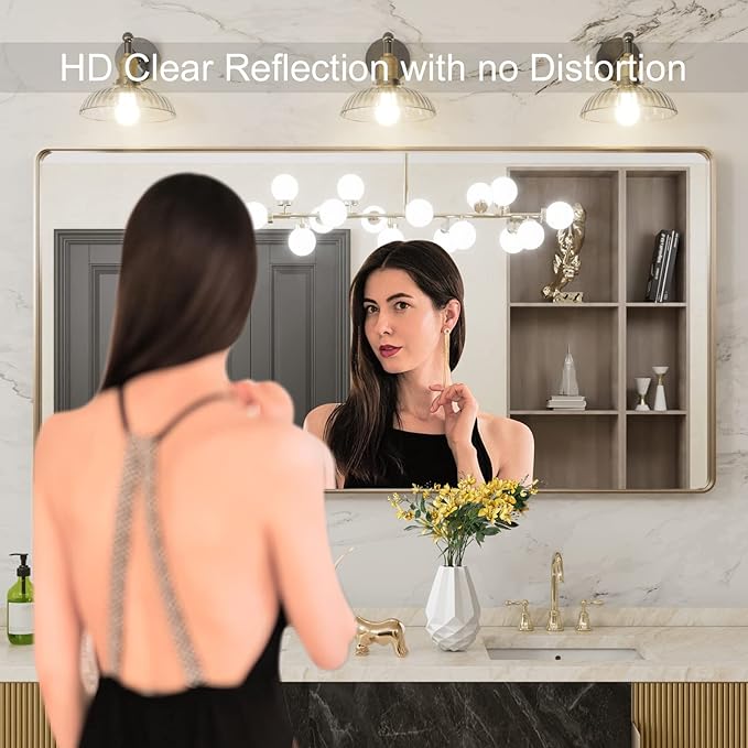 LOAAO 60”X30” Gold Bathroom Mirror, Rounded Rectangle Gold Frame Mirror, Brushed Gold Bathroom Vanity Mirror Wall-Mounted, Anti-Rust, Tempered Glass, Hangs Horizontally or Vertically