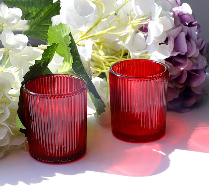 VOHO 24pcs Red Votive Candle Holders for Table Centerpiece, Ribbed Tealight Candle Holder for Christmas & Valentine's Day Decor, Vintage Glass Votive Holder for Gifts