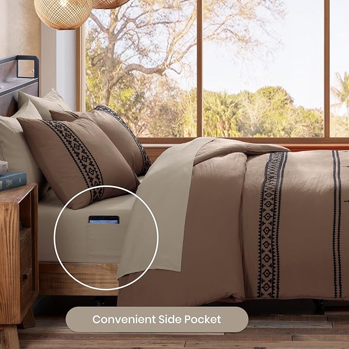 MaiRêve Embroidery Queen Size Comforter Set Brown, Boho Farmhouse Western Bedding Set 7 Pieces, All Season Bed in A Bag Comforter Set with Sheets, Pillowcases & Shams