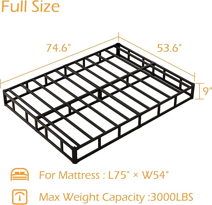 9 Inch Full Size Box Spring, Heavy Duty Metal Box Spring Bed Base with Fabric Cover, Mattress Foundation, Easy Assembly, Noise Free, Black