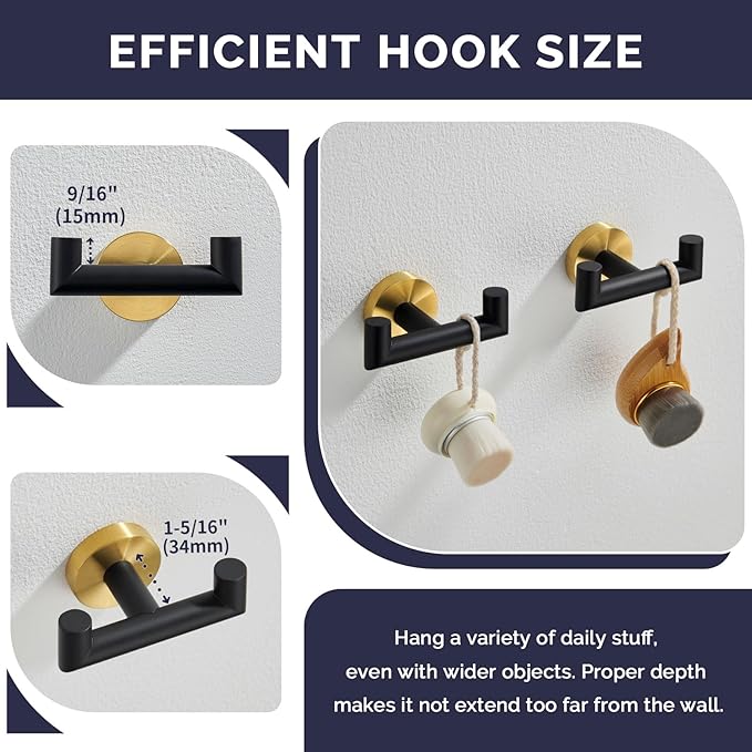 Angle Simple Towel Double Hook Black & Gold, 2 PCS Stainless Steel Bathroom Towel Holder, Dual Robe Coat Hook for Wall