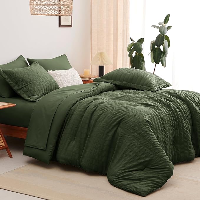 CozyLux Full Size Comforter Sets with Sheets Seersucker 7 Pieces Olive Green Bed in a Bag Textured Luxury Soft Bedding Set with Down Alternative Comforter, Sheets, Pillowcases & Shams for All Seasons