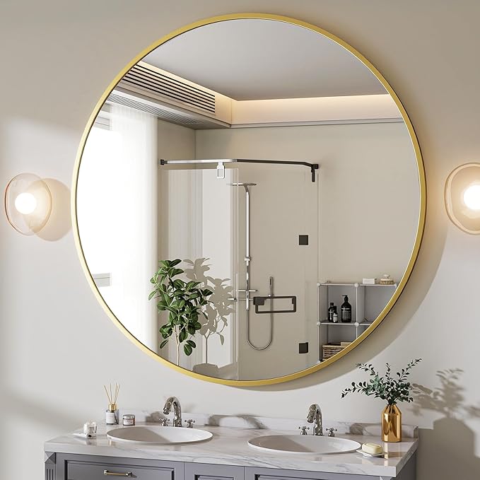 BEAUTYPEAK 24 Inch Round Mirror, Metal Frame Circle Mirror, Wall Mounted for Entryway, Bathroom, Vanity, Living Room, Gold