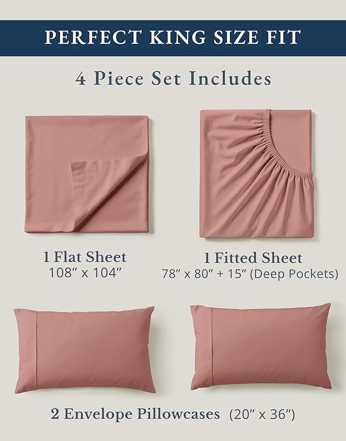 LANE LINEN 100% Organic Cotton Fully Elasticized King Sheet Set, Low Pilling Fade Resistant Machine Washable Naturally Cooling King Bedding Set, Mercerized Soft & Comfy Cotton Sheets – Rose Dawn