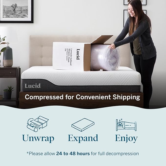 LUCID 4 Inch Lavender Infused Memory Foam Mattress Topper, Queen Size – Ventilated Design – Pressure Relieving Bed Topper - Mattress Pad – CertiPur Certified