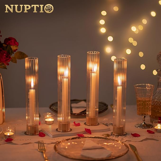 NUPTIO Candlestick Holder with Fluted Hurricane: Set of 6 Metal Candle Holders with Glass Cylinders - Gold Taper Candleholders for Birthday Valentine Wedding Table Centerpiece Outdoor Decor