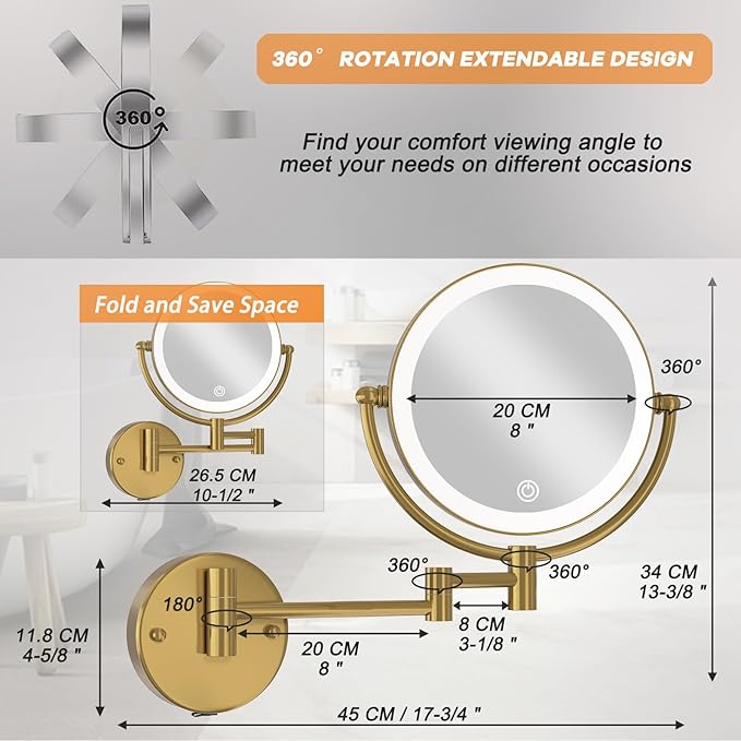 8" Wall Mounted Lighted Makeup Mirror with Magnification Rechargeable, 1X/10X Double Sided, 3 Color Lighting Touch Dimmable 360 Swivel Extendable Arm Vanity Shaving Mirror, Brushed Moderne Brass