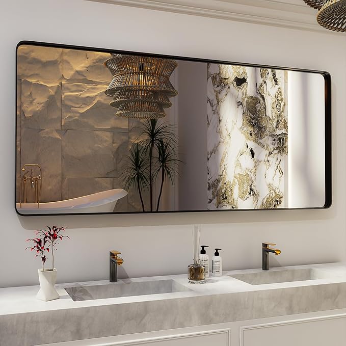 ISKM Large Black Framed Mirror for Bathroom 72" x 32" Wall Mounted Mirror Black Metal Framed Bathroom Mirror for Wall Round Corner (Horizontal/Vertical)