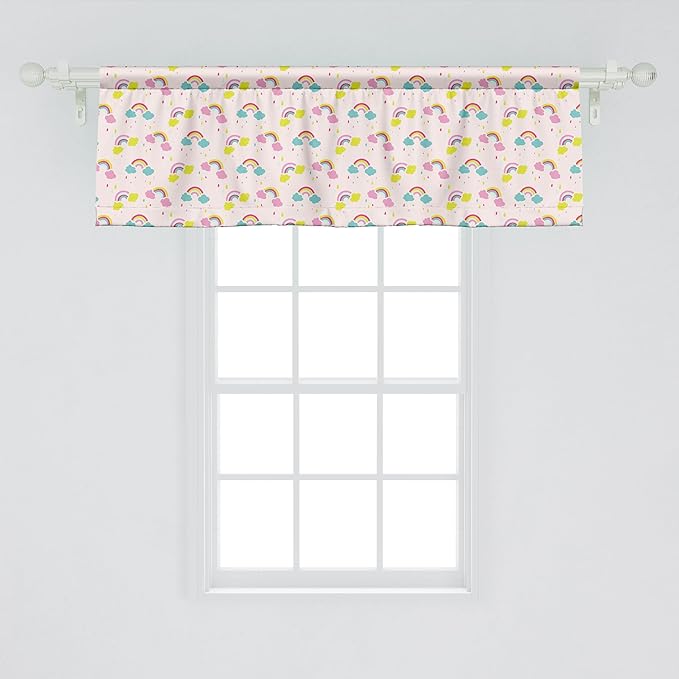 Ambesonne Cartoon Window Valance Pack of 2, Pastel Rainbows Clouds Raindrops Sky Theme, Rod Pocket Curtain Valances for Kitchen Bedroom, 42" X 18", Rose and Multicolor
