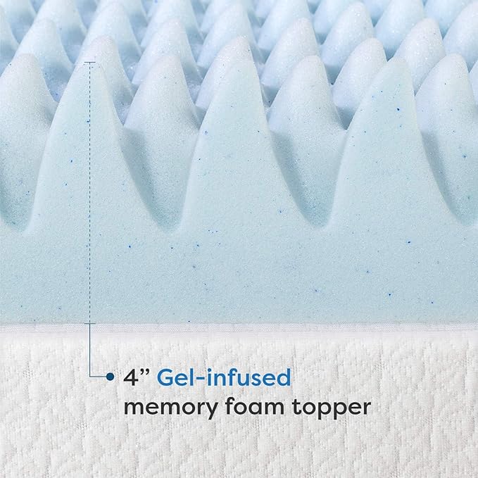 Best Price Mattress 4 Inch Egg Crate Memory Foam Mattress Topper with Cooling Gel Infusion, CertiPUR-US Certified, Dorm Essentials, Queen, Light Blue