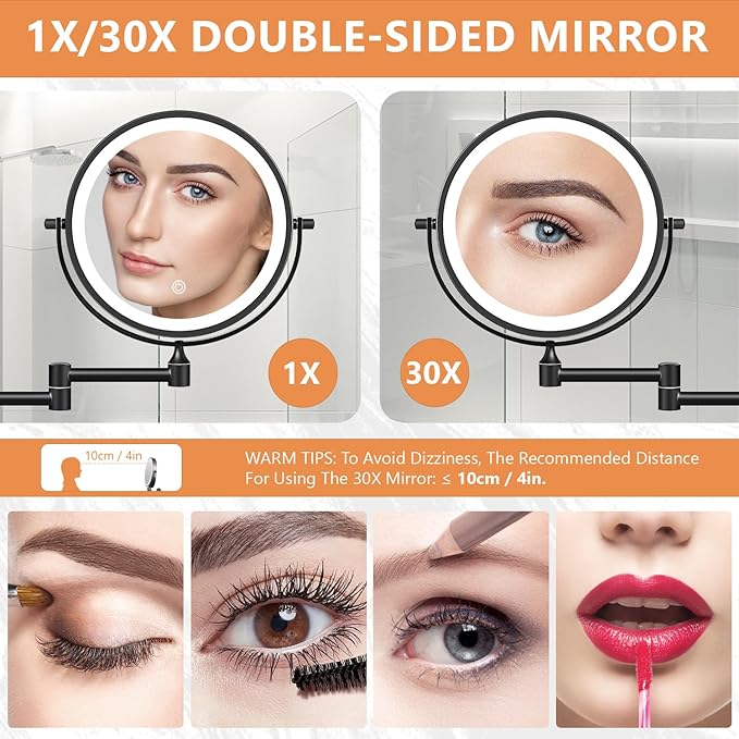 Auxmir 1X/30X Wall Mounted Makeup Mirror with Light, 8" Rechargeable Double-Sided Magnifying Mirror, Vanity Mirror Dimmable 3 Color Light, 360° Extension Rotation Foldable 14.5 Inch Arm, Black